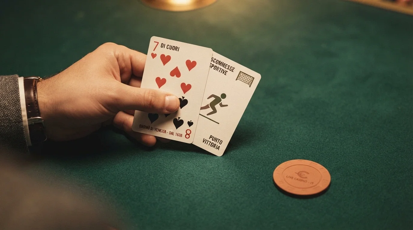 Una mano tiene due carte: una da gioco con i semi del casinò e una con i simboli delle scommesse sportive, parzialmente sovrapposte