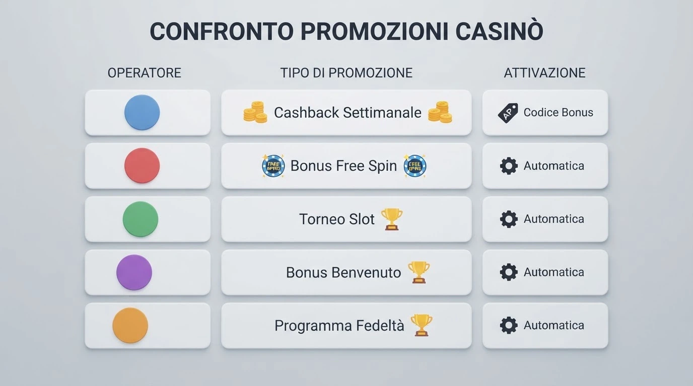 Una tabella comparativa stilizzata con loghi degli operatori ADM e tre colonne: operatore, promozione, attivazione