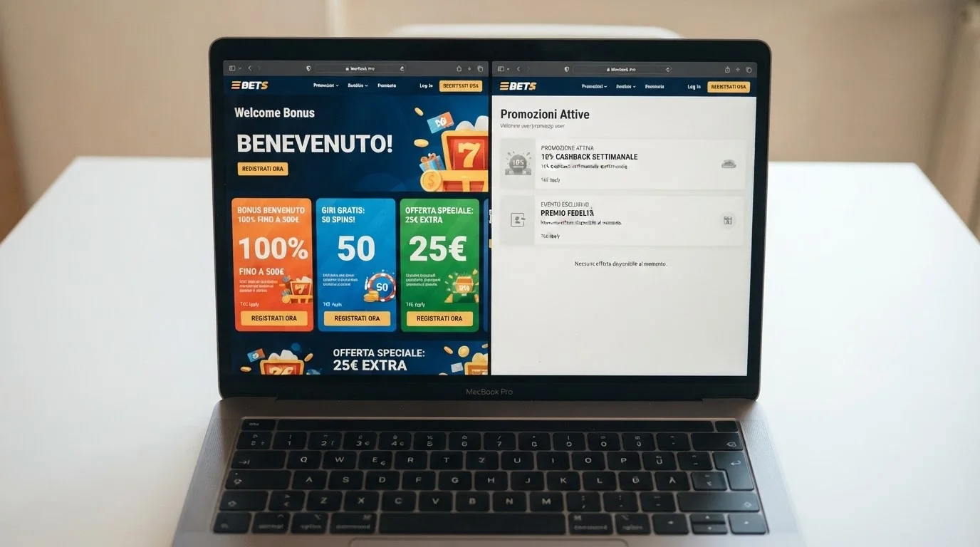 Schermata divisa: a sinistra una pagina di benvenuto ricca di offerte, a destra una sezione promozioni per già iscritti con poche voci