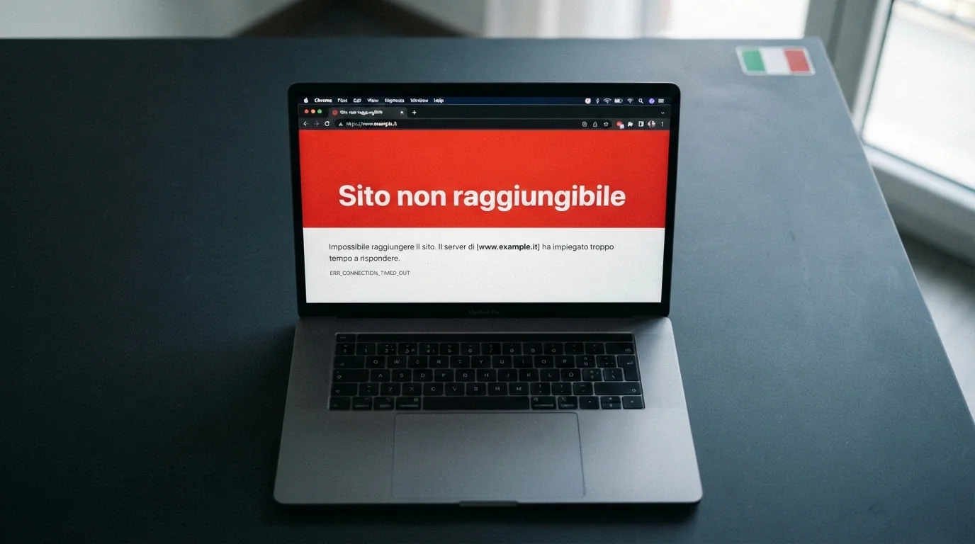 Un alert su schermo con il messaggio «Sito non raggiungibile» sovrapposto al logo di un casinò senza licenza, con la bandiera italiana sullo sfondo